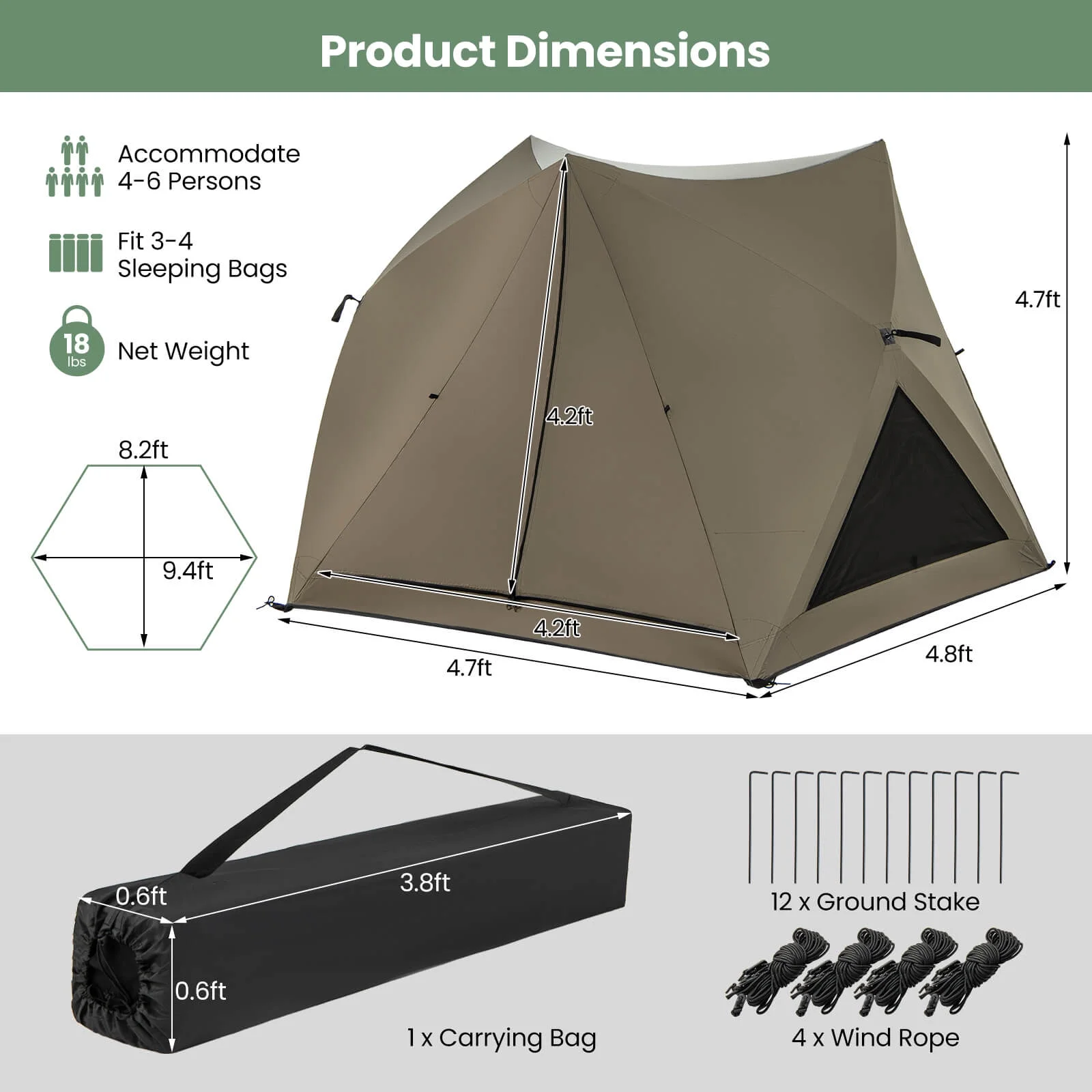 Pop-up Camping Tent for 4/5/6 People with Rainfly Skylight 3 Doors 3 Windows - Image 2