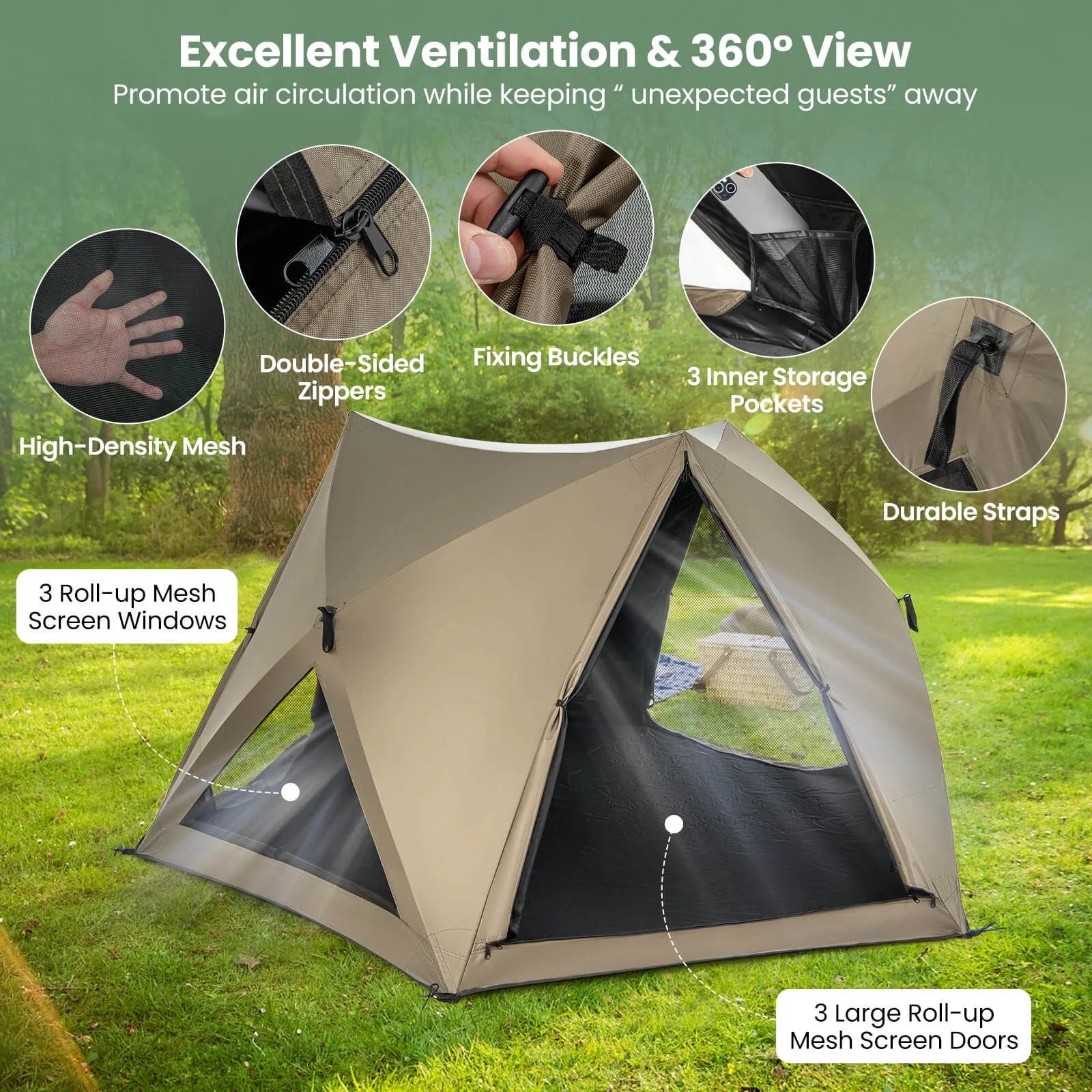Pop-up Camping Tent for 4/5/6 People with Rainfly Skylight 3 Doors 3 Windows - Image 3